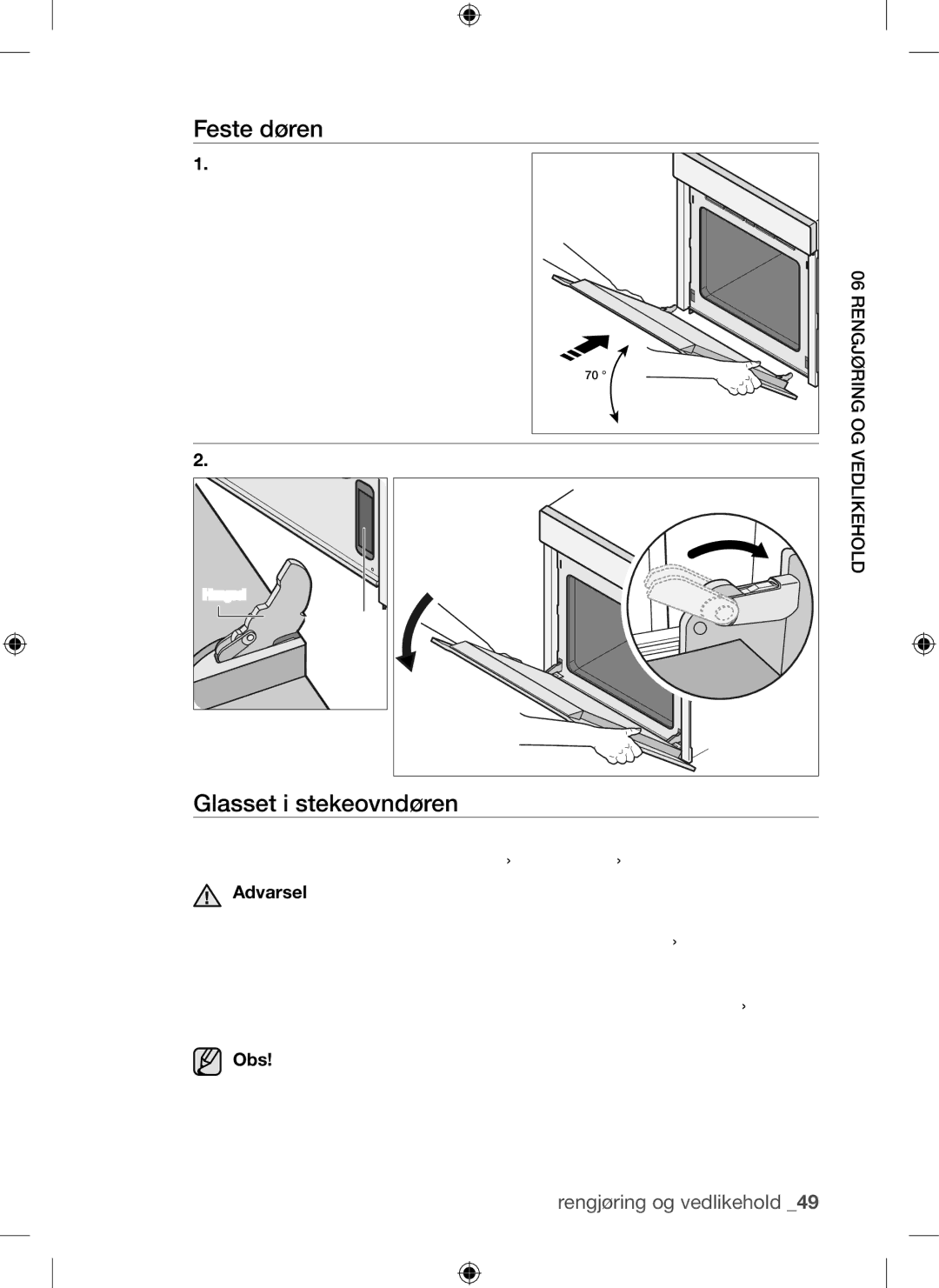 Samsung BQ1Q4T149/XEE manual Feste døren, Glasset i stekeovndøren, Roter døren mot vannrett stilling, og lukk klipsene 