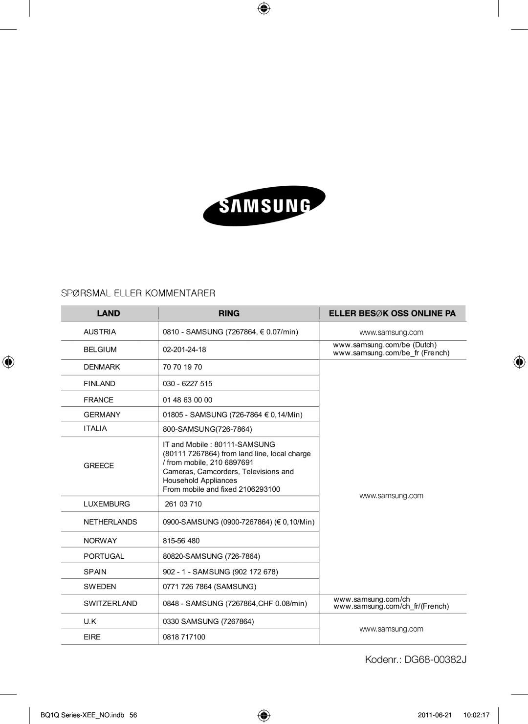 Samsung BQ1Q4T149/XEE manual Kodenr. DG68-00382J 