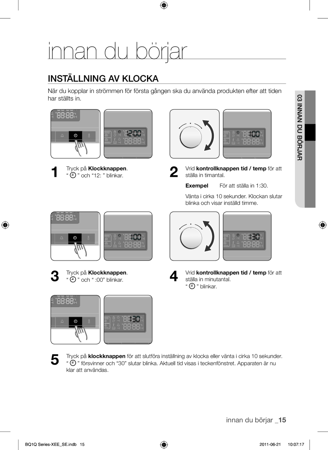 Samsung BQ1Q4T149/XEE manual Innan du börjar, Inställning AV Klocka, Exempel, Tryck på Klockknappen 