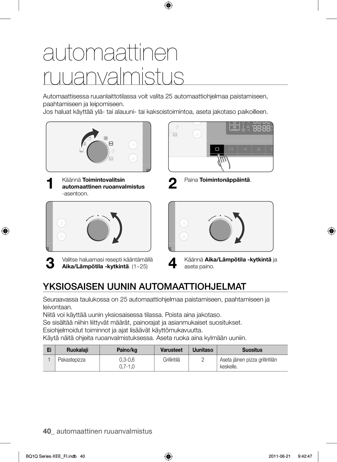 Samsung BQ1Q4T149/XEE manual Yksiosaisen Uunin Automaattiohjelmat, Automaattinen ruuanvalmistus 