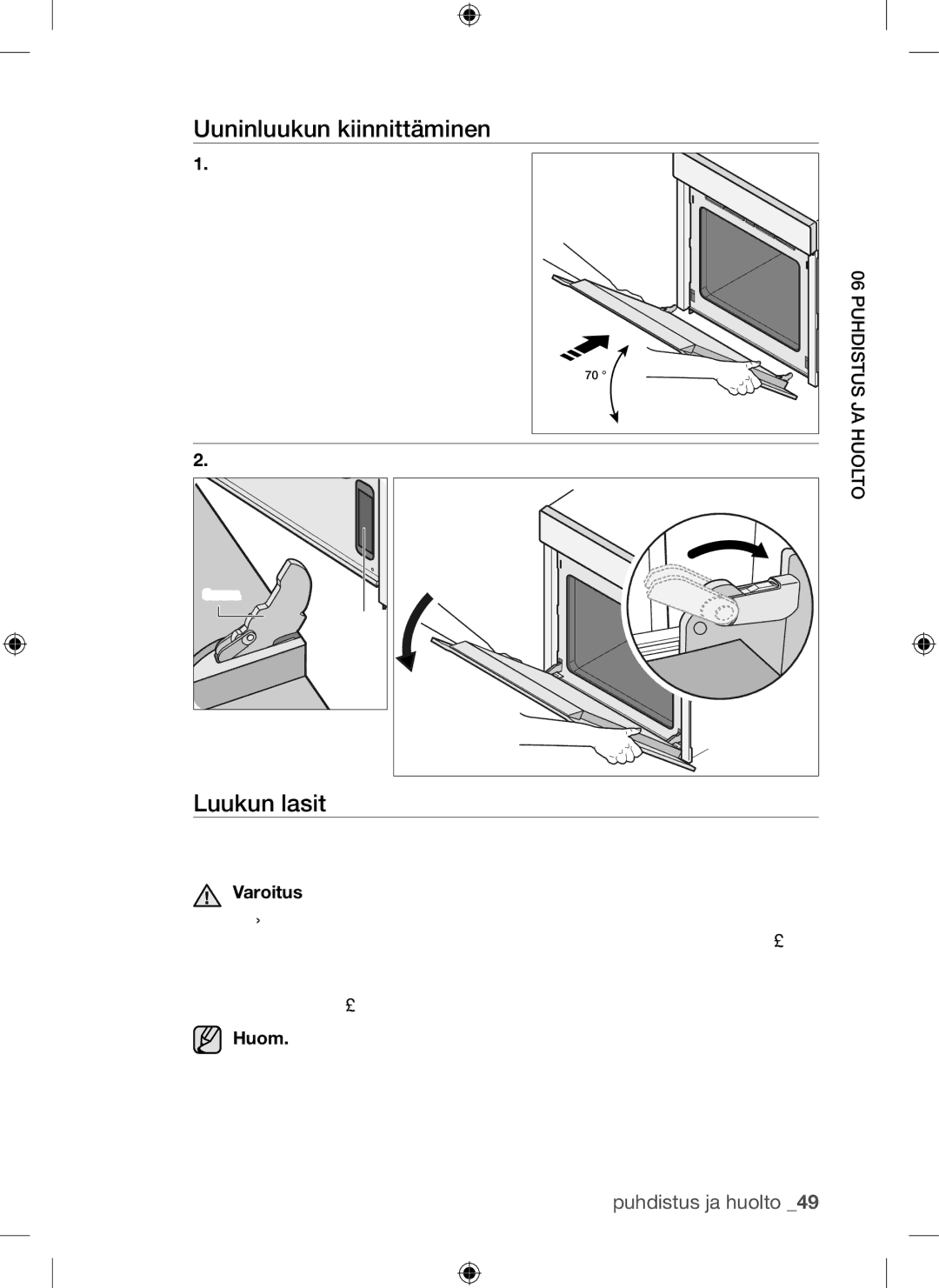 Samsung BQ1Q4T149/XEE manual Uuninluukun kiinnittäminen, Luukun lasit, Puhdistus JA 