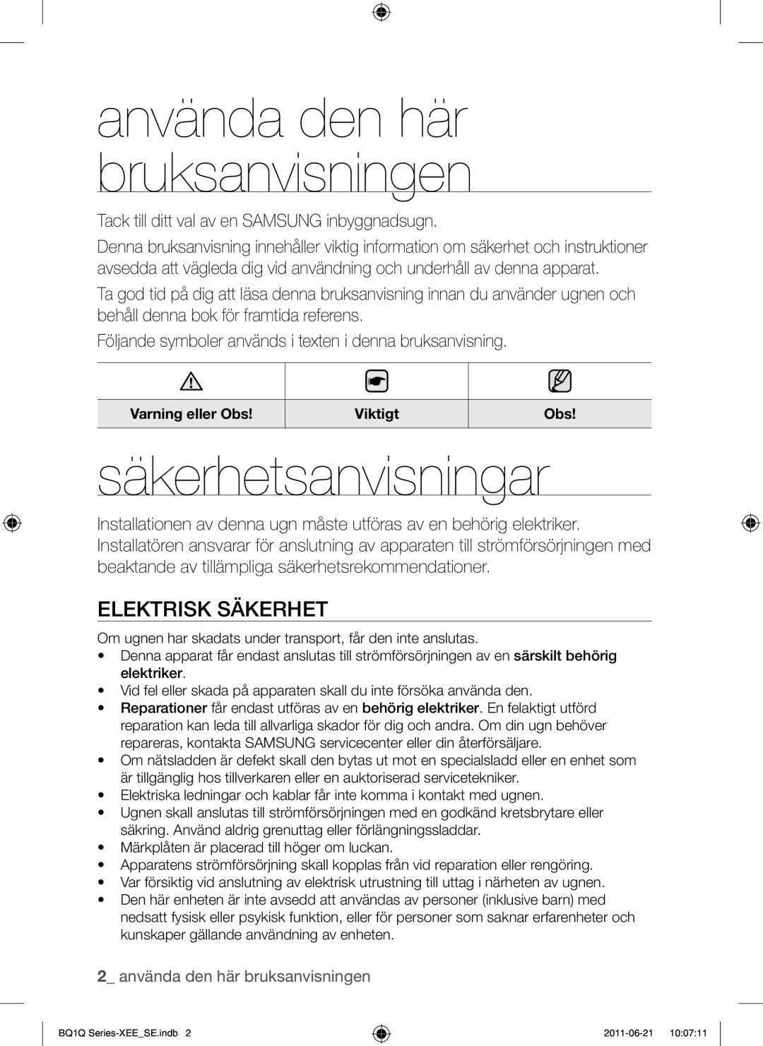 Samsung BQ1Q4T149/XEE manual Säkerhetsanvisningar, Elektrisk Säkerhet, Tack till ditt val av en Samsung inbyggnadsugn 