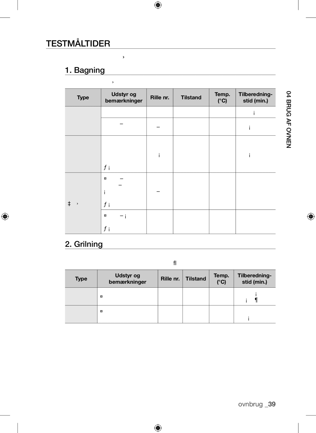 Samsung BQ1Q4T149/XEE manual Testmåltider, Bagning, Grilning, Anbefalingerne for bagning gælder for en forvarmet ovn 