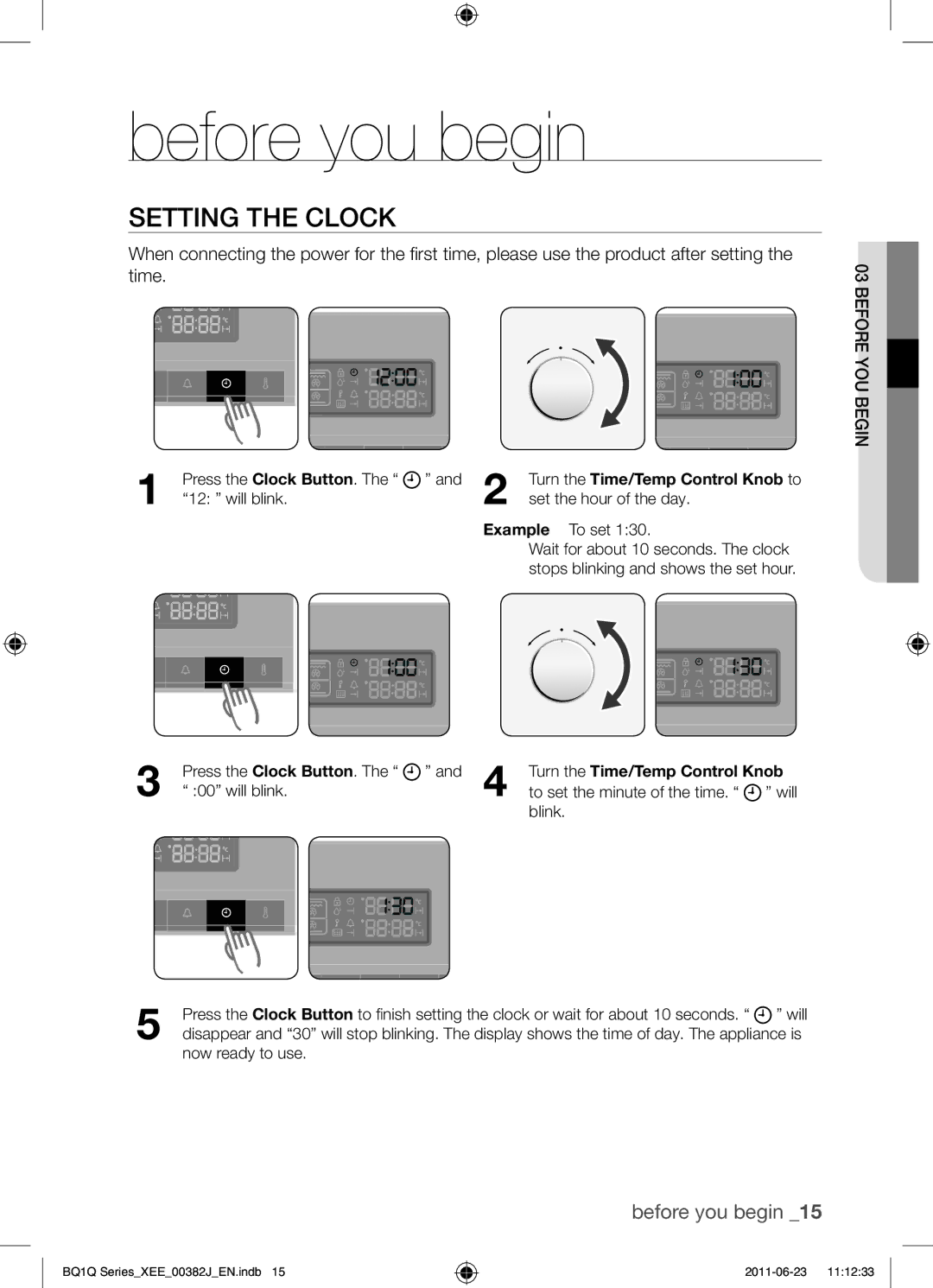 Samsung BQ1Q4T149/XEE manual Before you begin, Setting the clock 