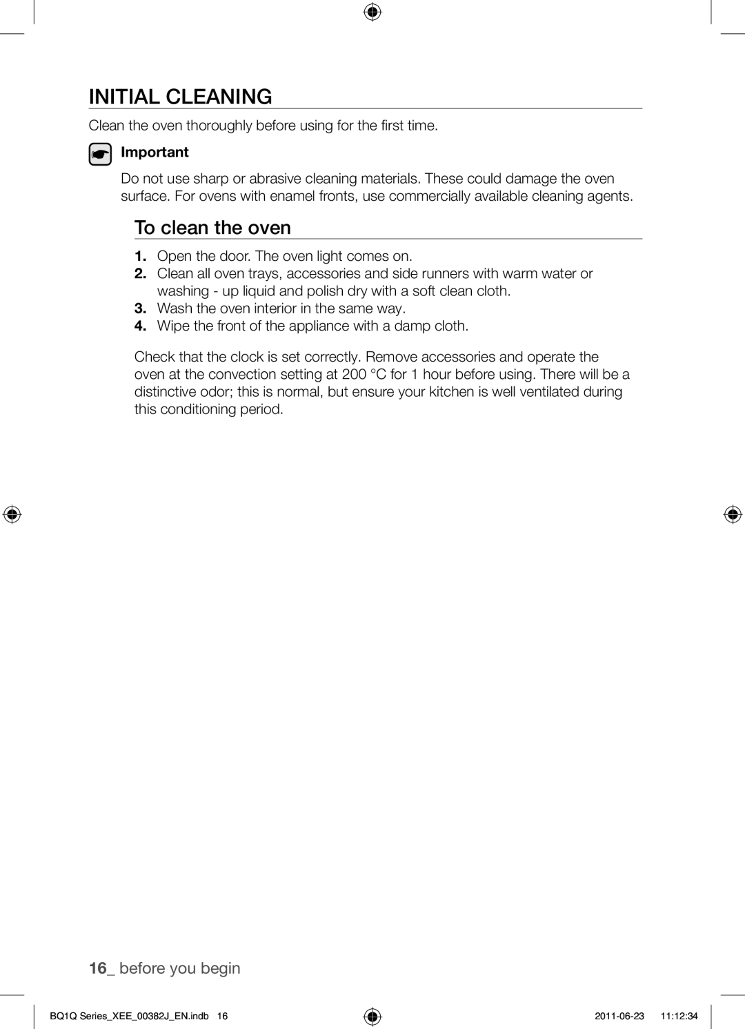 Samsung BQ1Q4T149/XEE manual Initial cleaning, To clean the oven, Clean the oven thoroughly before using for the frst time 