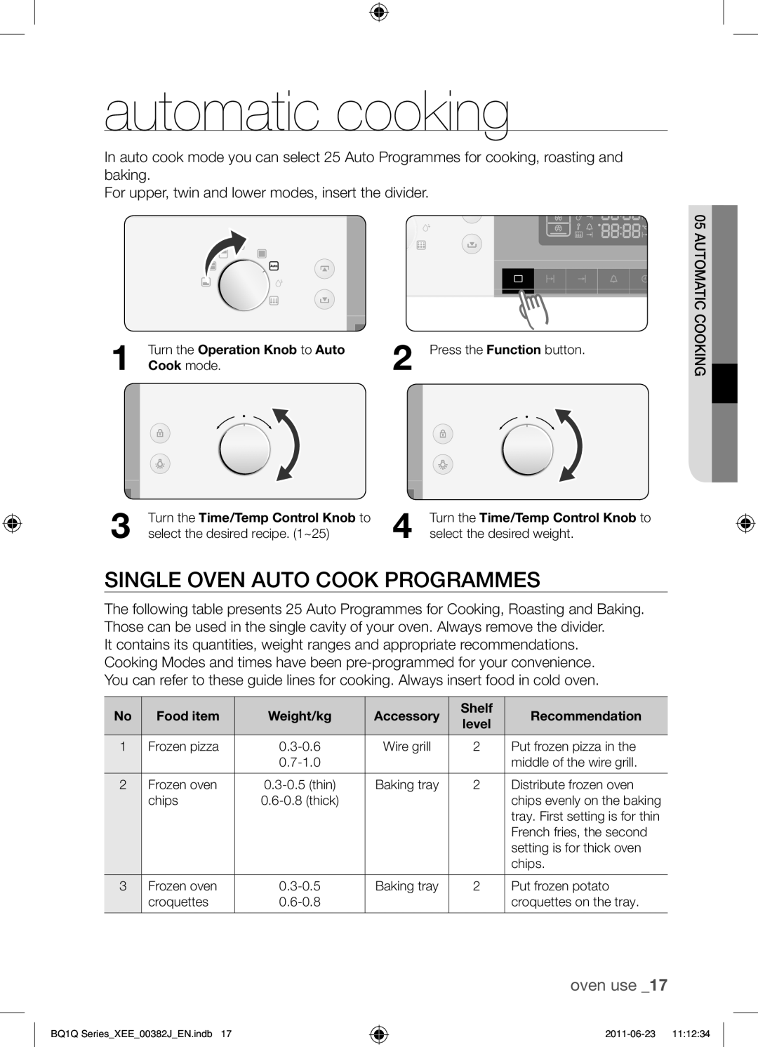 Samsung BQ1Q4T149/XEE manual Automatic cooking, Single oven auto cook programmes, Oven use 