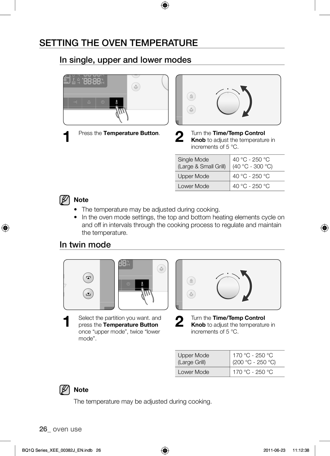 Samsung BQ1Q4T149/XEE manual Setting the oven temperature, Single, upper and lower modes 