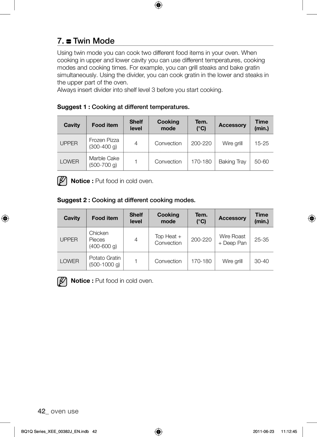 Samsung BQ1Q4T149/XEE Suggest 2 Cooking at different cooking modes, Cavity Food item Shelf Cooking Tem Accessory Time 