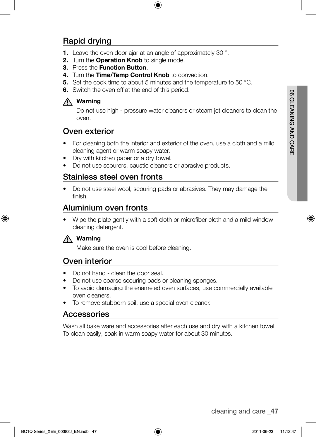 Samsung BQ1Q4T149/XEE manual Rapid drying, Oven exterior, Stainless steel oven fronts, Aluminium oven fronts, Oven interior 