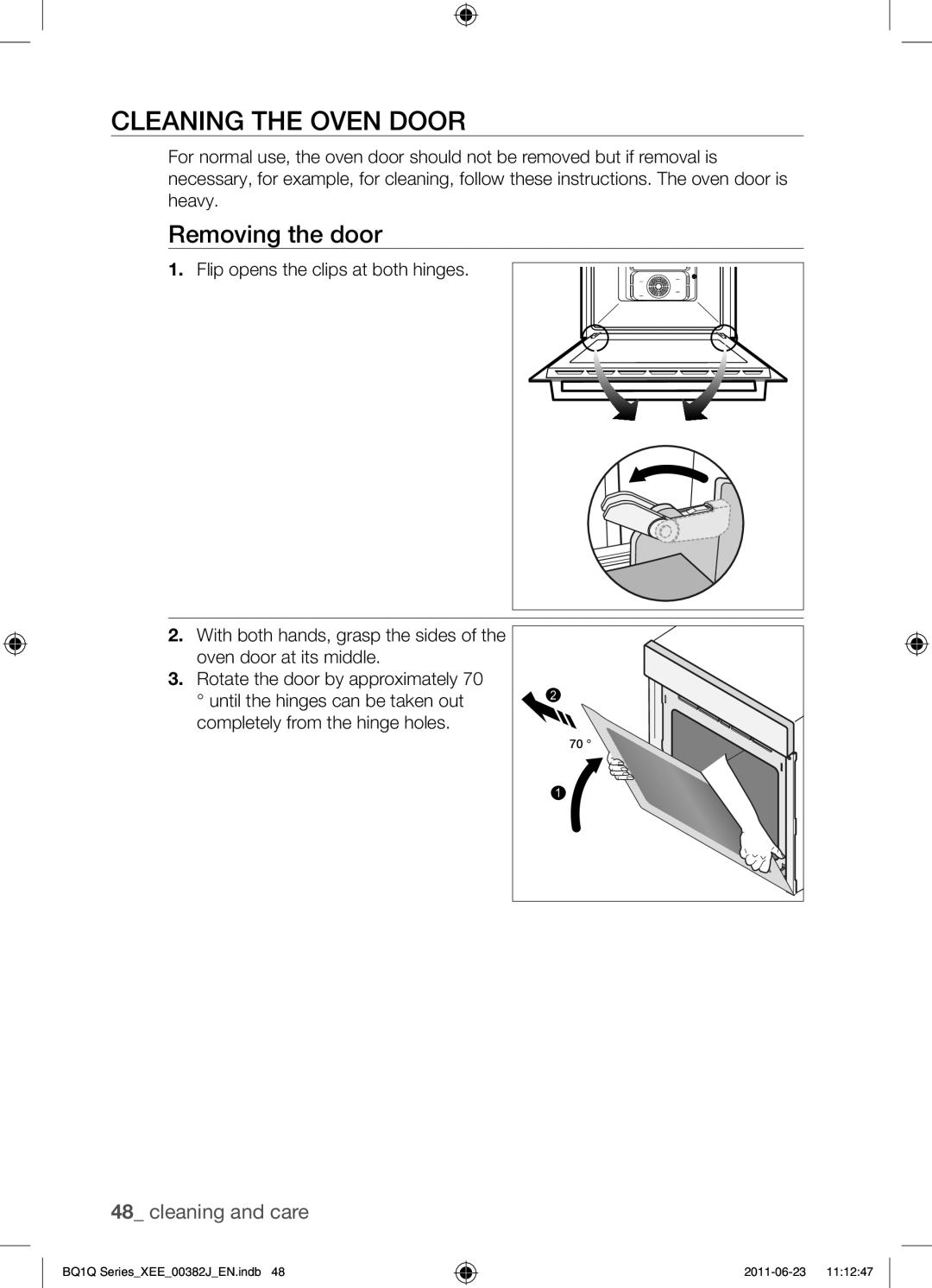 Samsung BQ1Q4T149/XEE manual Cleaning the oven door, Removing the door 