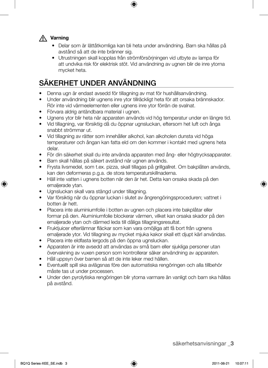 Samsung BQ1Q4T149/XEE manual Säkerhet Under Användning, Säkerhetsanvisningar, Varning 