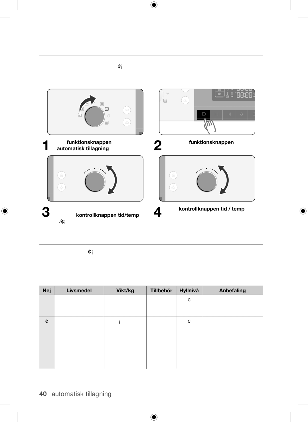 Samsung BQ1Q4T149/XEE manual Automatisk tillagning, Automatiska Tillagningsprogram FÖR Enkel UGN 