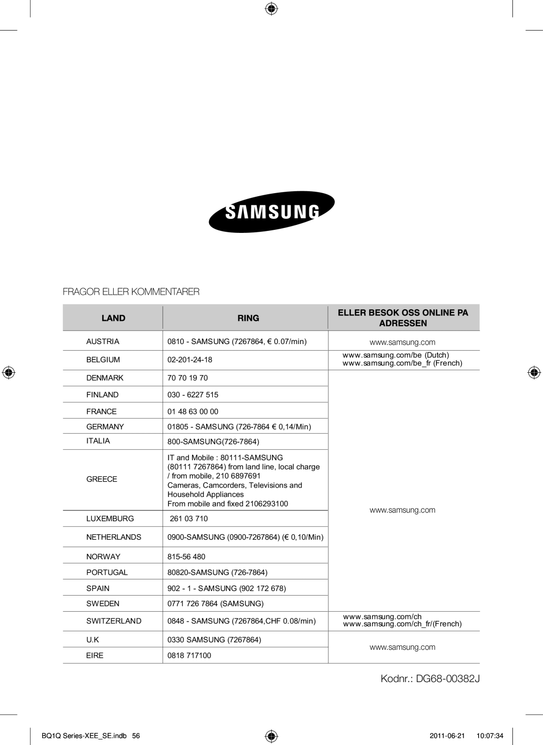 Samsung BQ1Q4T149/XEE manual Kodnr. DG68-00382J 