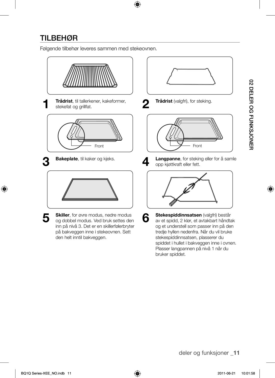 Samsung BQ1Q4T149/XEE manual Tilbehør, Følgende tilbehør leveres sammen med stekeovnen, Stekefat og grillfat 