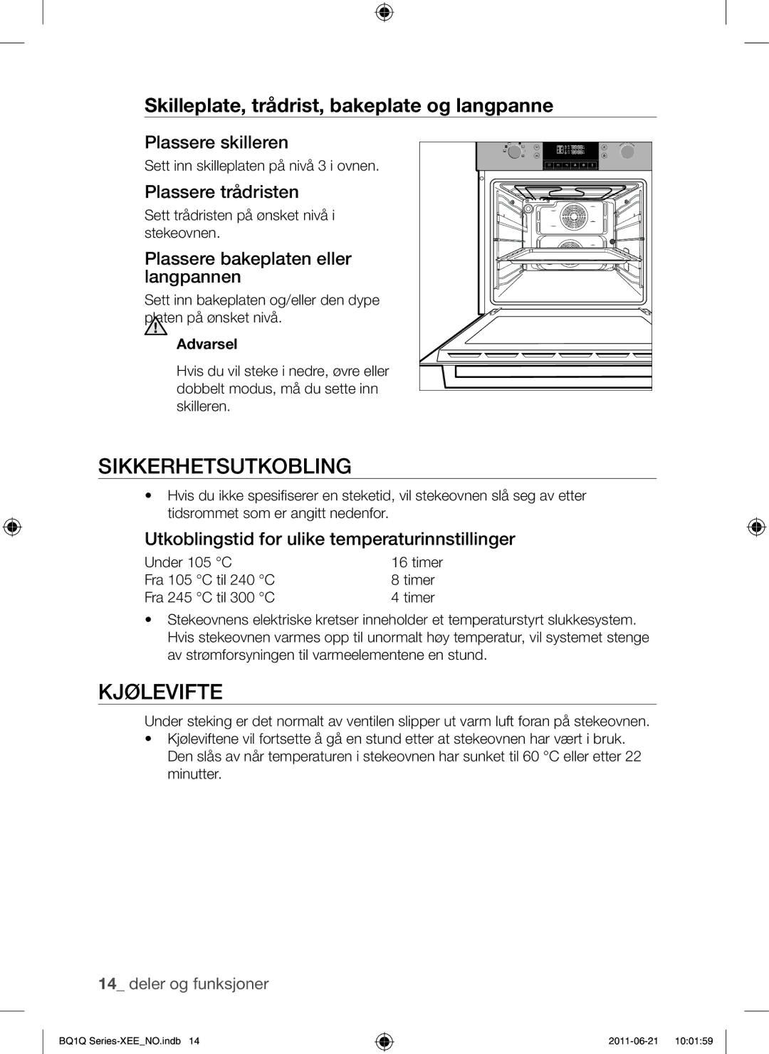 Samsung BQ1Q4T149/XEE manual Sikkerhetsutkobling, Kjølevifte 