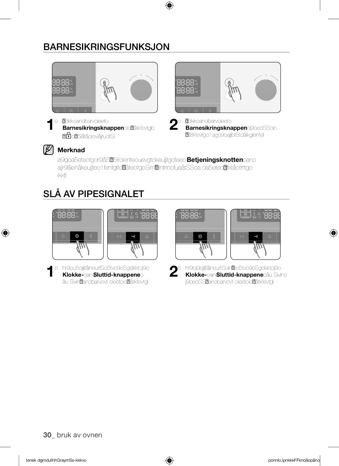 Samsung BQ1Q4T149/XEE manual Barnesikringsfunksjon, SLÅ AV Pipesignalet, Klokke- og Sluttid-knappene 