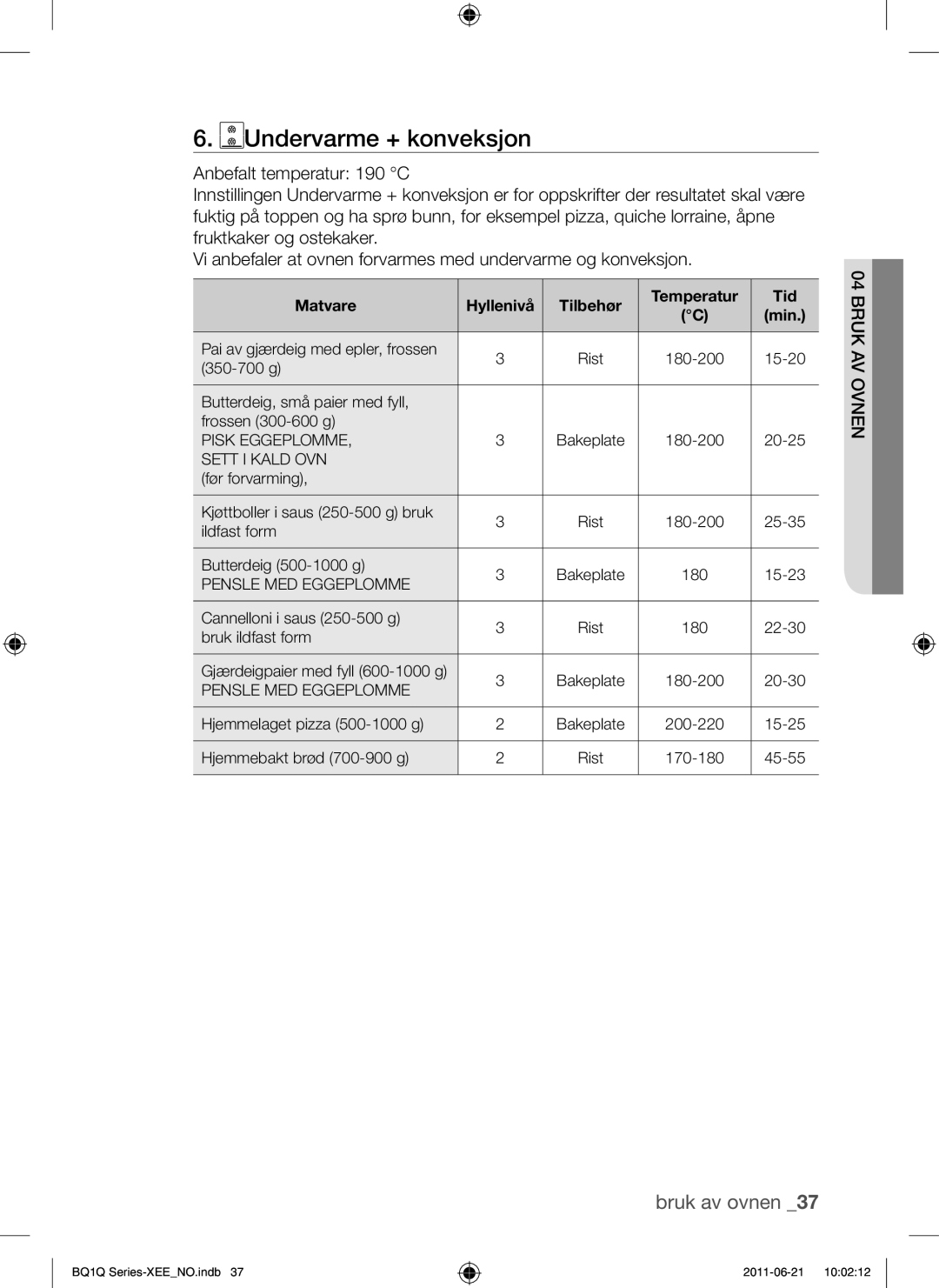 Samsung BQ1Q4T149/XEE manual Undervarme + konveksjon, Sett I Kald OVN 