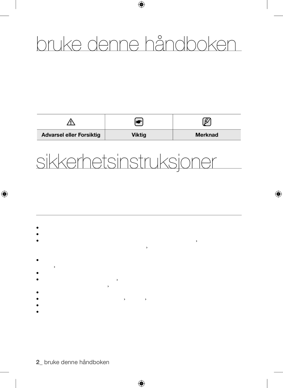 Samsung BQ1Q4T149/XEE manual Bruke denne håndboken, Sikkerhetsinstruksjoner, Elektrisk Sikkerhet 