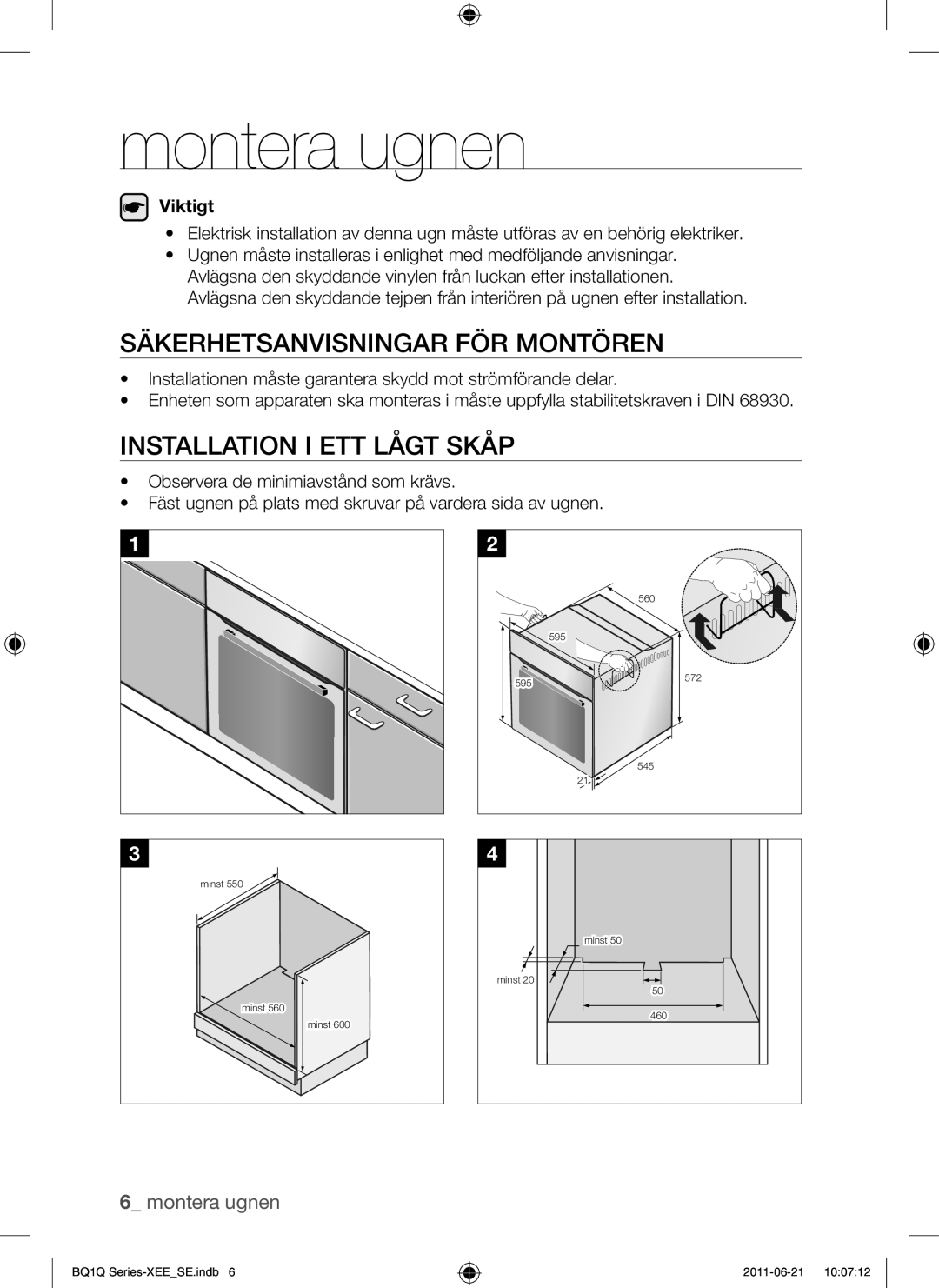 Samsung BQ1Q4T149/XEE manual Montera ugnen, Säkerhetsanvisningar FÖR Montören, Installation I ETT Lågt Skåp 