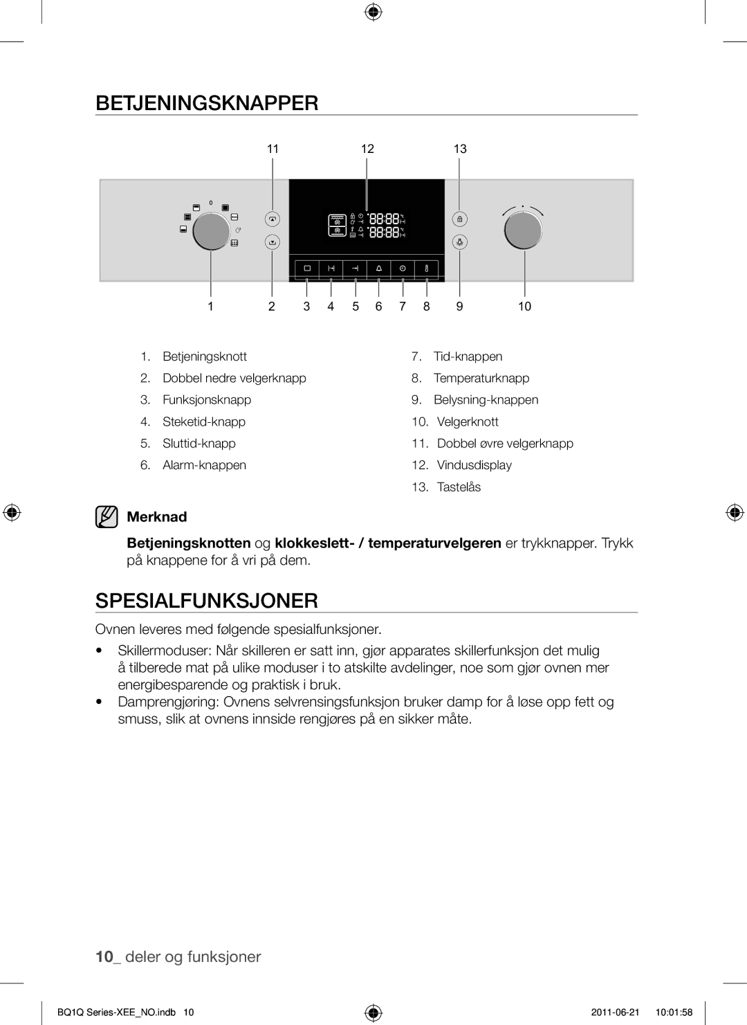 Samsung BQ1Q4T149/XEE manual Betjeningsknapper, Spesialfunksjoner 