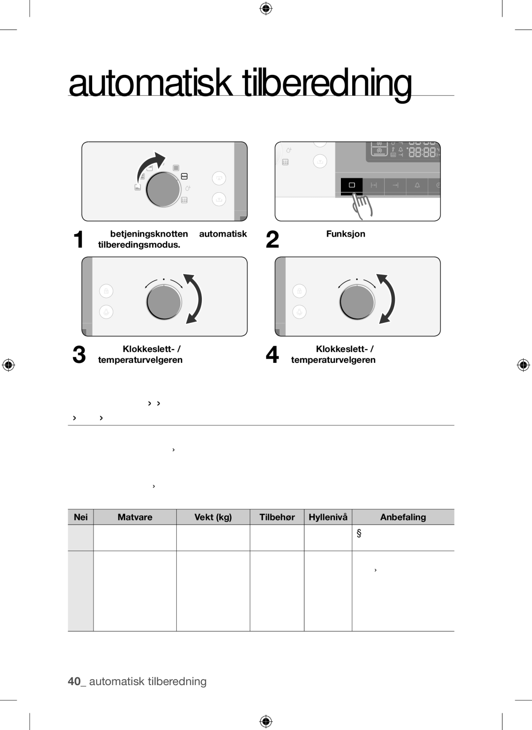 Samsung BQ1Q4T149/XEE manual Automatisk tilberedning, Automatiske Tilberedningsprogrammer for Enkeltovn 