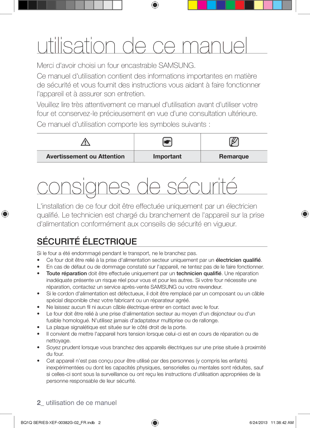 Samsung BQ1Q6G213/XEF, BQ1Q6I213/XEF manual Utilisation de ce manuel, Consignes de sécurité, Sécurité Électrique 