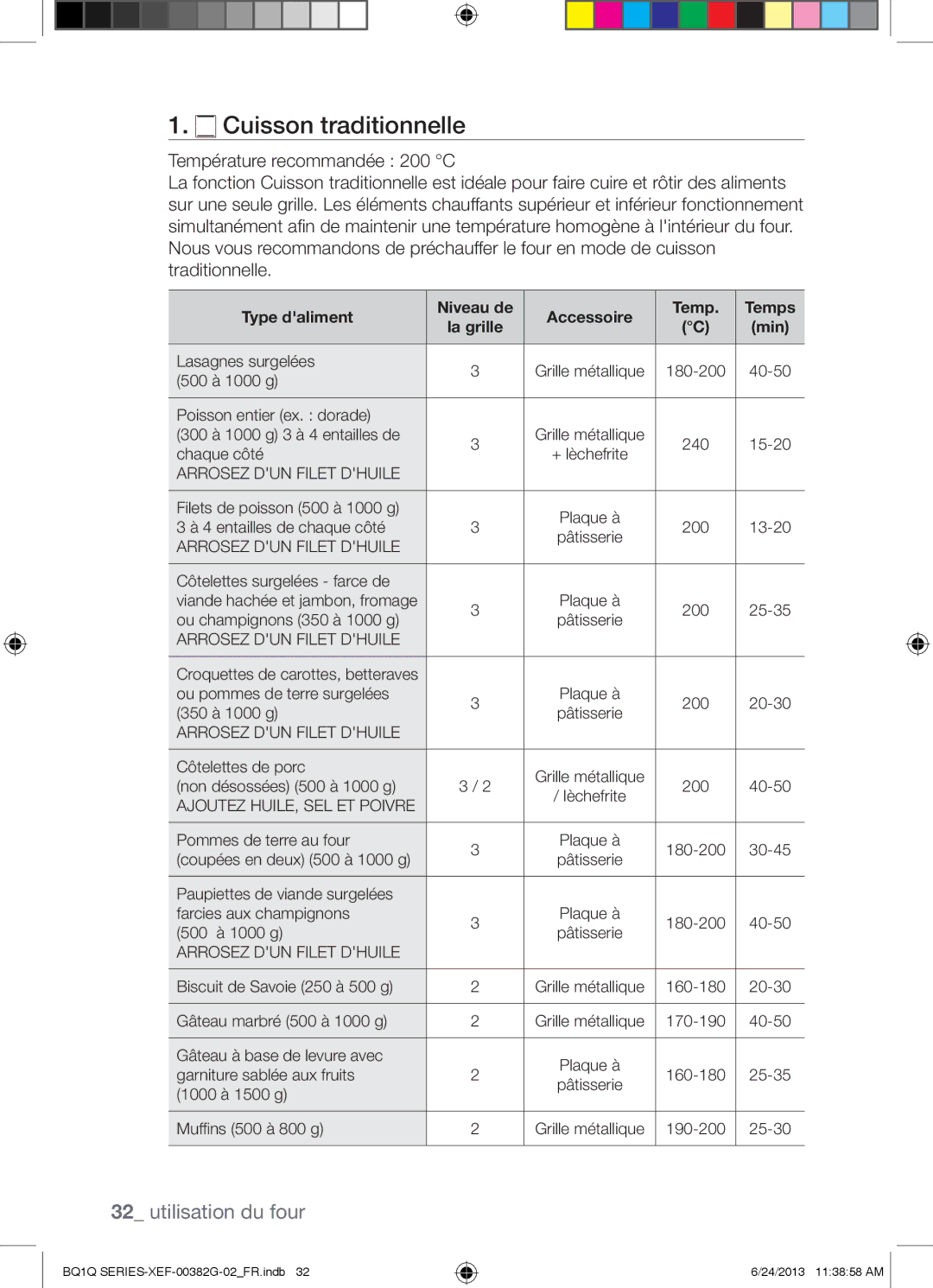 Samsung BQ1Q6G213/XEF, BQ1Q6I213/XEF manual Cuisson traditionnelle, Type daliment Niveau de Accessoire Temp Temps 