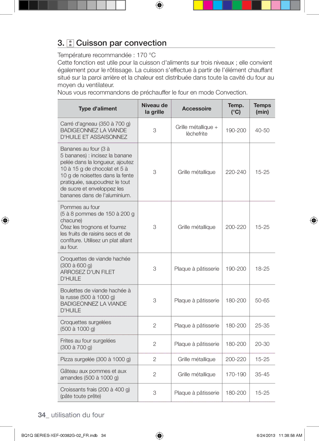 Samsung BQ1Q6G213/XEF, BQ1Q6I213/XEF manual Cuisson par convection 