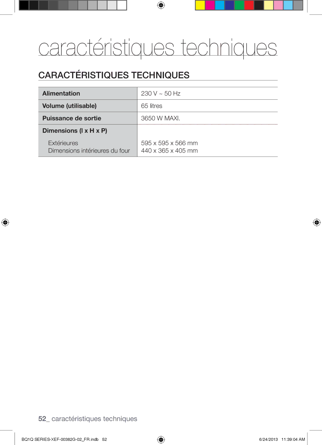 Samsung BQ1Q6G213/XEF, BQ1Q6I213/XEF manual Caractéristiques techniques, Caractéristiques Techniques 