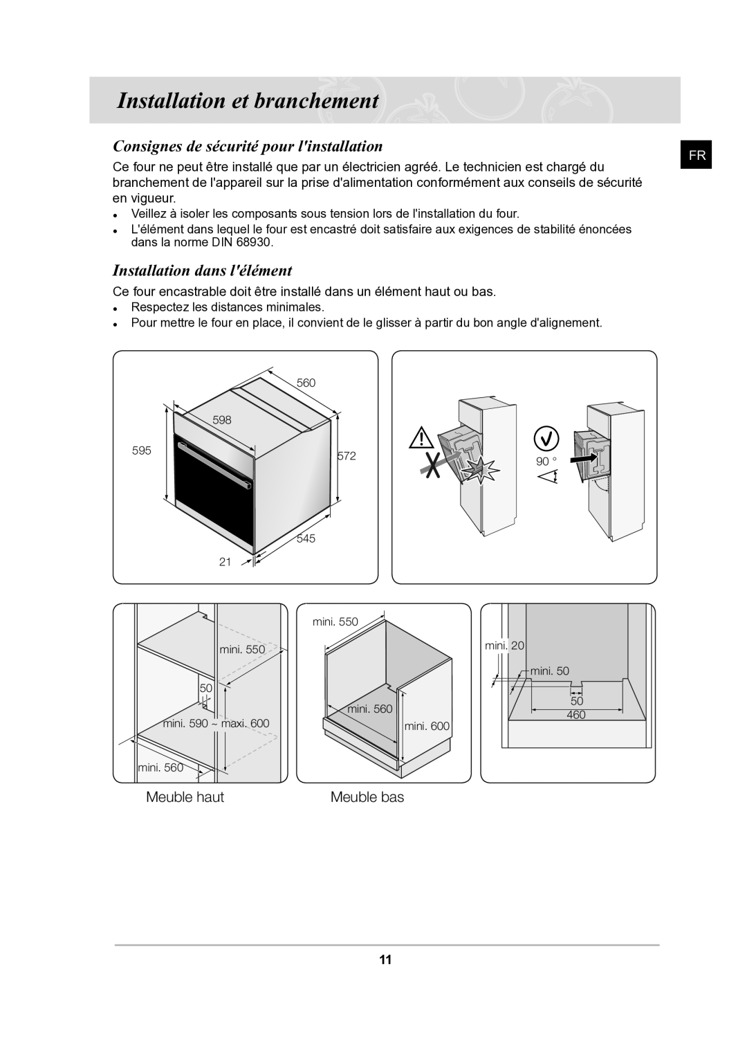 Samsung BQ1Q6T092/XEF Installation et branchement, Consignes de sécurité pour linstallation, Installation dans lélément 