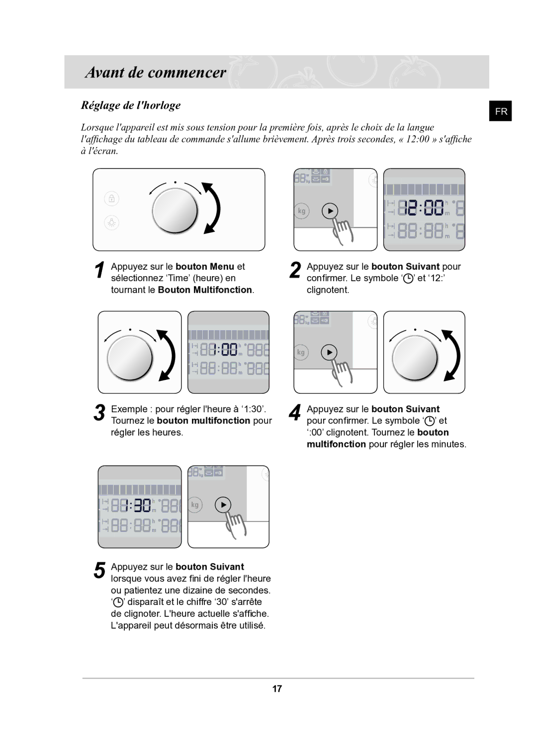 Samsung BQ1Q6T092/XEF manual Avant de commencer, Réglage de lhorloge 