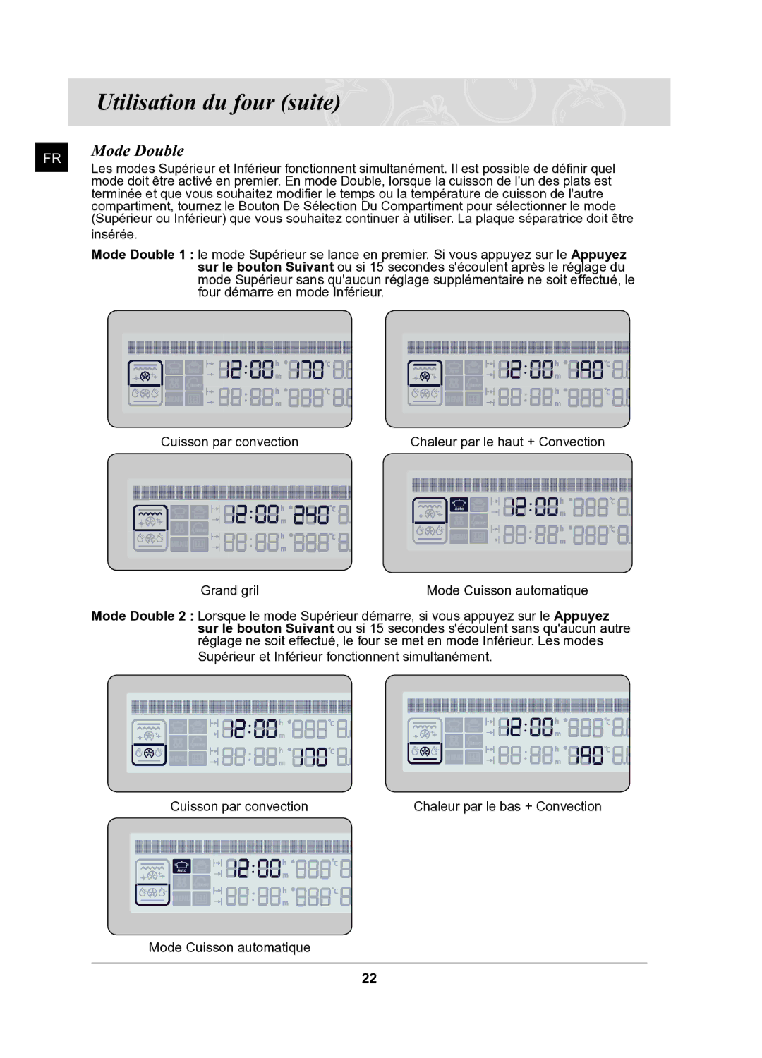 Samsung BQ1Q6T092/XEF manual Mode Double, Insérée, Four démarre en mode Inférieur, Mode Cuisson automatique 