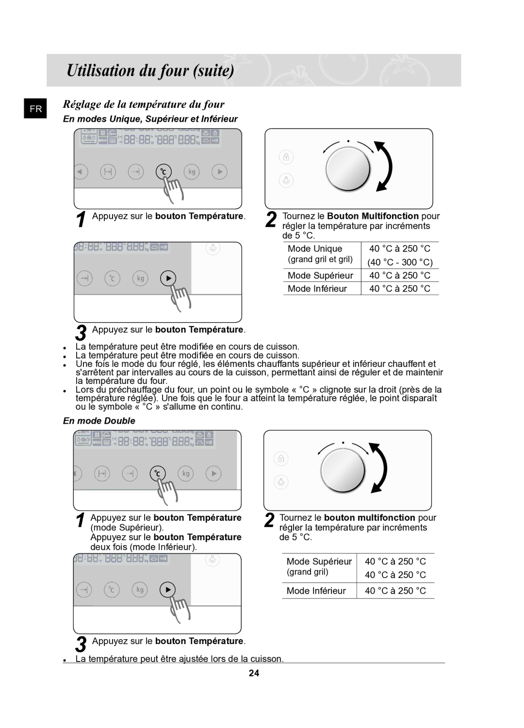 Samsung BQ1Q6T092/XEF manual FR Réglage de la température du four, Appuyez sur le bouton Température 