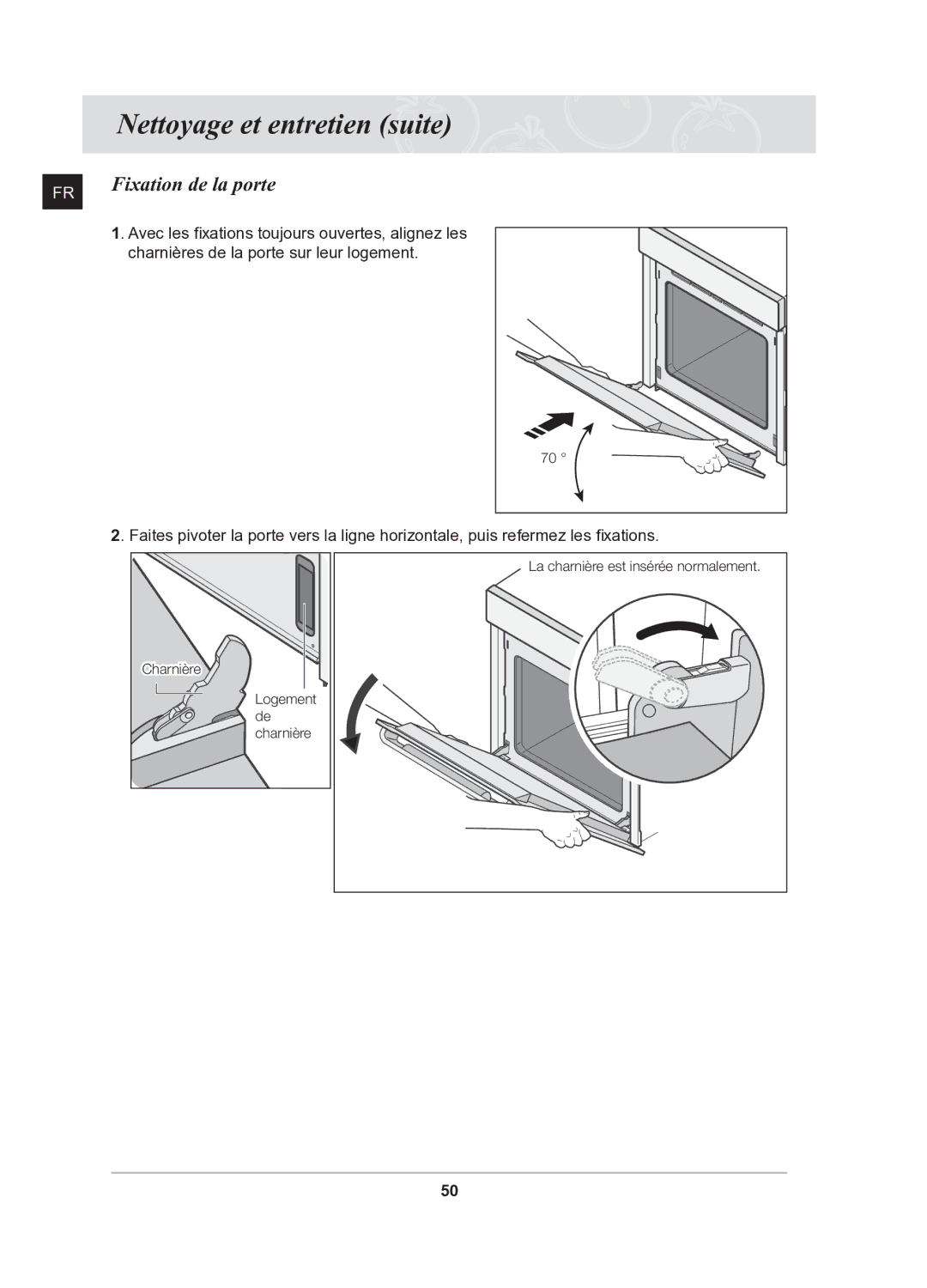 Samsung BQ1Q6T092/XEF manual Fixation de la porte, Charnières de la porte sur leur logement 