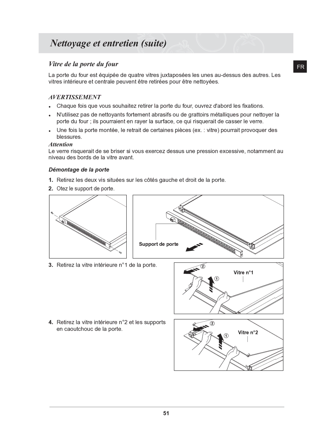 Samsung BQ1Q6T092/XEF manual Vitre de la porte du four, Retirez la vitre intérieure n1 de la porte 