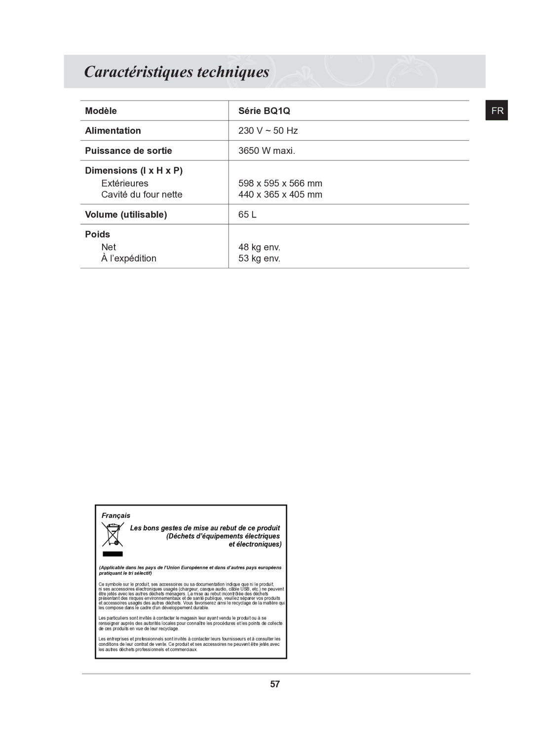 Samsung BQ1Q6T092/XEF manual Caractéristiques techniques 