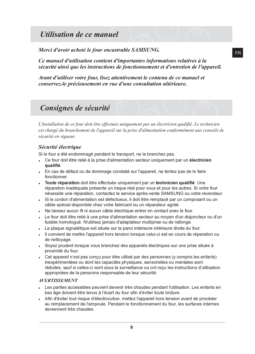 Samsung BQ1Q6T092/XEF Utilisation de ce manuel, Consignes de sécurité, Merci davoir acheté le four encastrable Samsung 