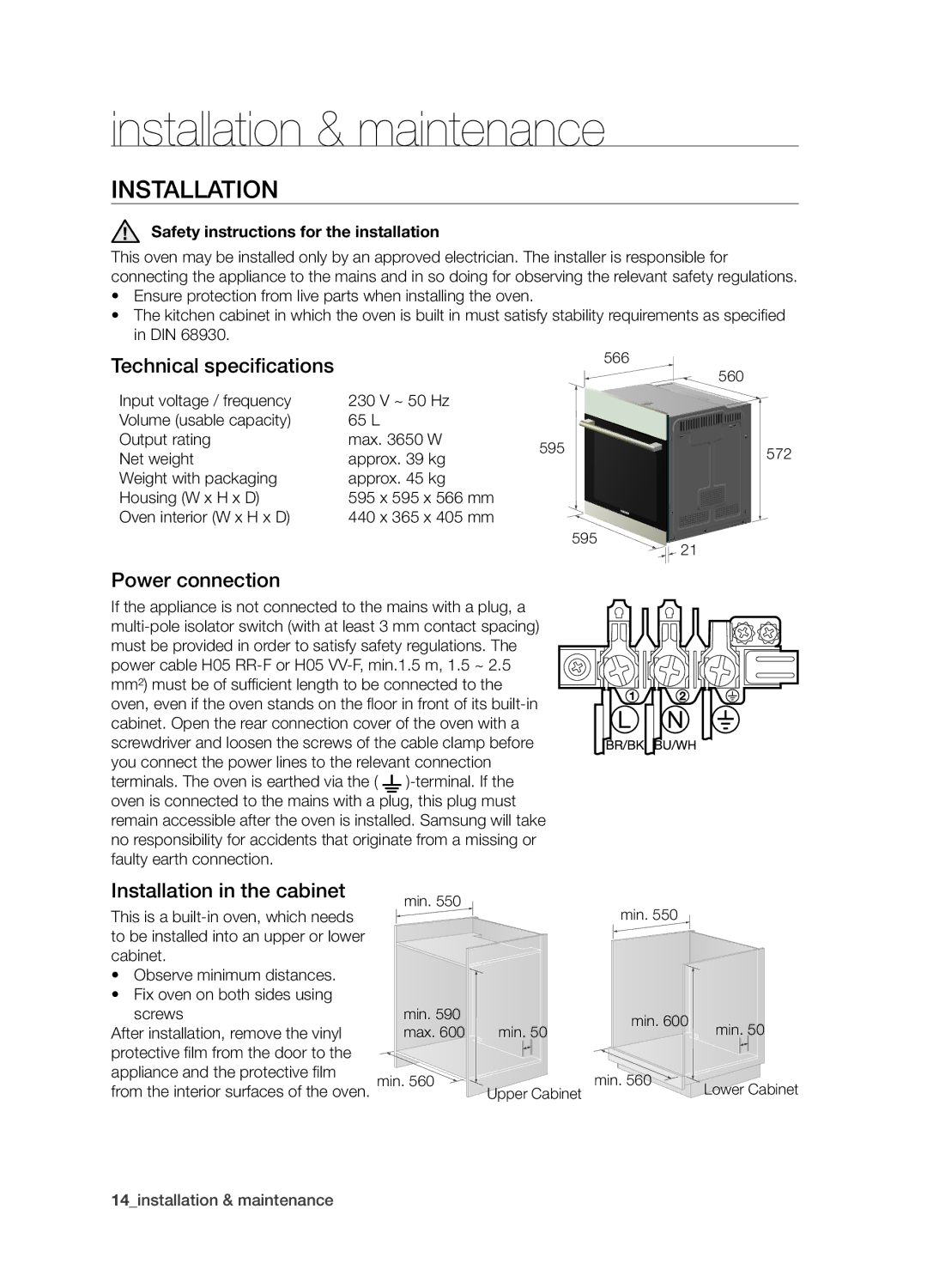 Samsung BQ1S4T003/XEH Installation & maintenance, Technical specifications, Power connection, Installation in the cabinet 