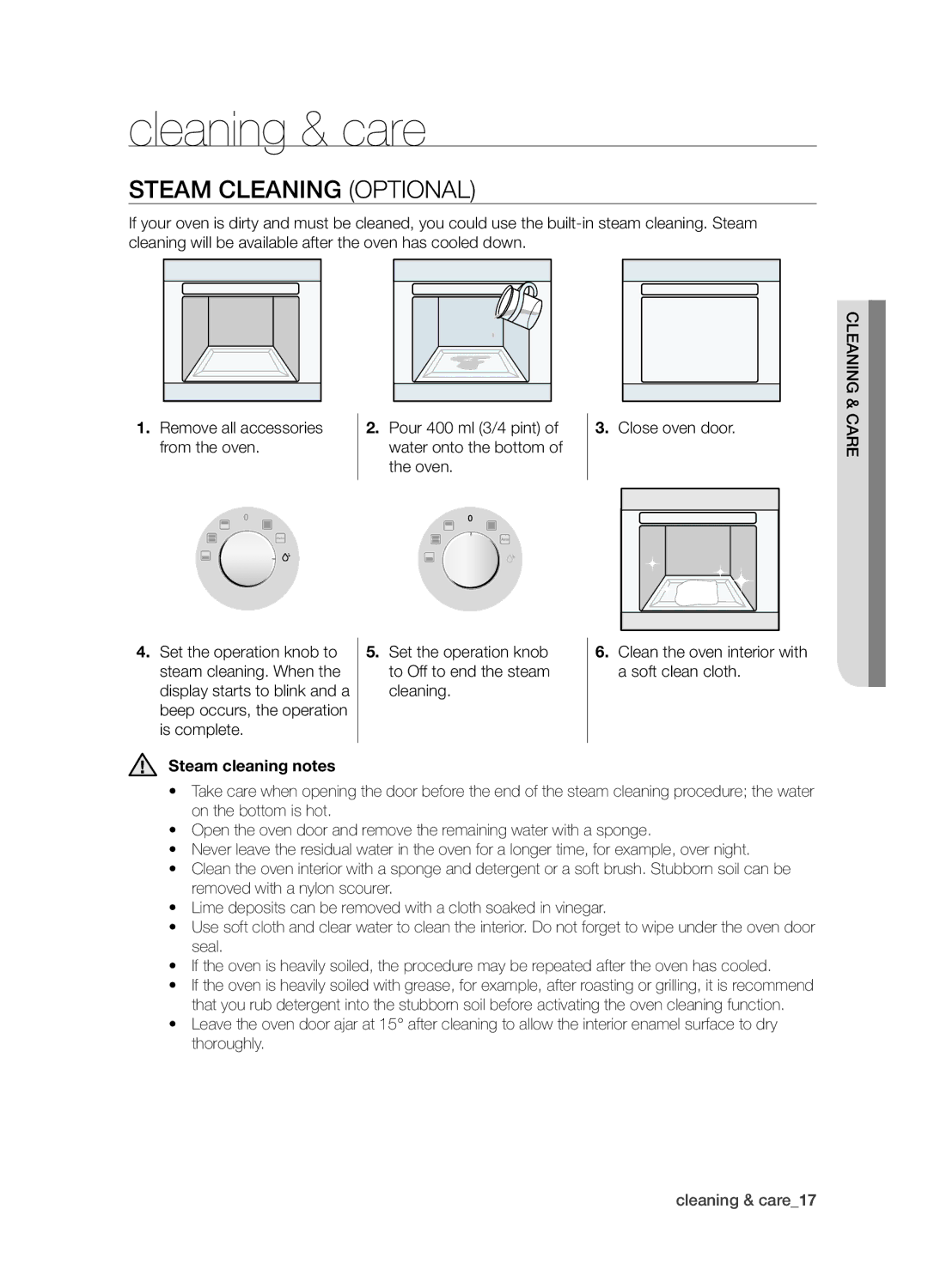 Samsung BQ1S4T003/XEH manual Cleaning & care, Steam cleaning Optional, Steam cleaning notes 