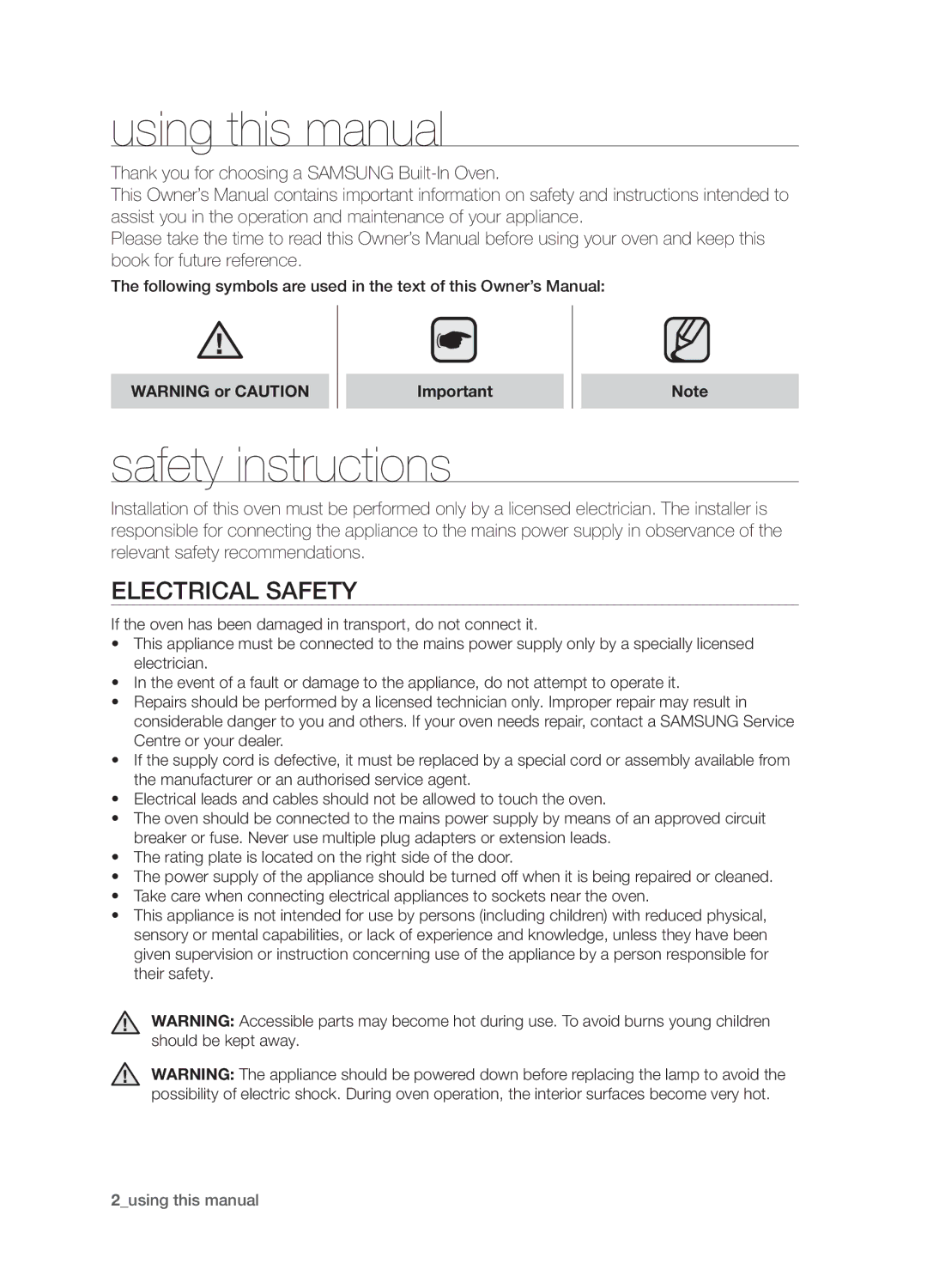 Samsung BQ1S4T003/XEH Using this manual, Safety instructions, Electrical safety 