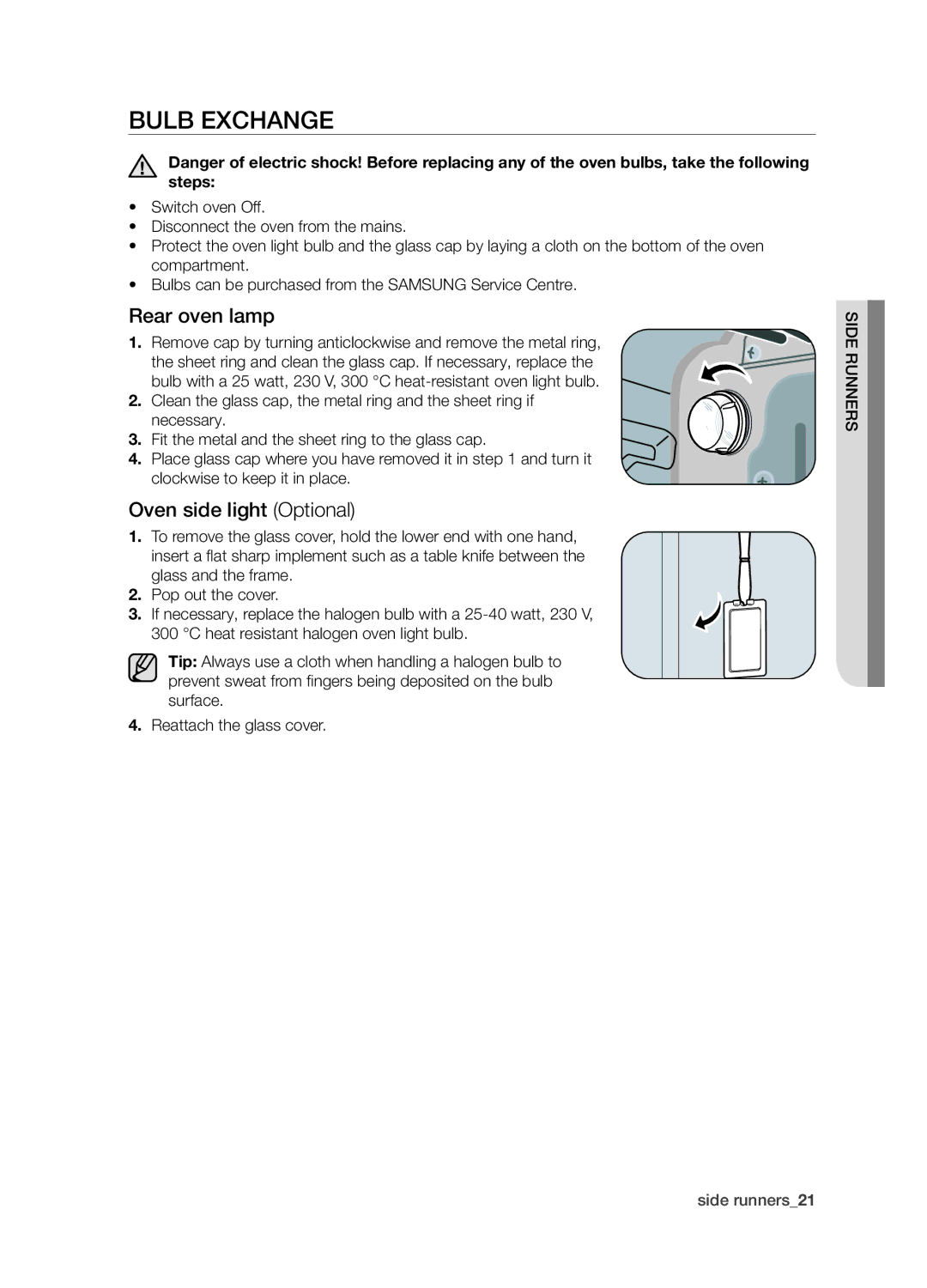 Samsung BQ1S4T003/XEH manual Bulb exchange, Rear oven lamp, Oven side light Optional 