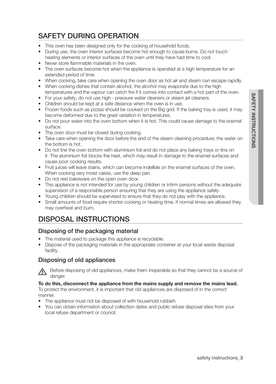 Samsung BQ1S4T003/XEH manual Safety during operation, Disposal instructions, Disposing of the packaging material 