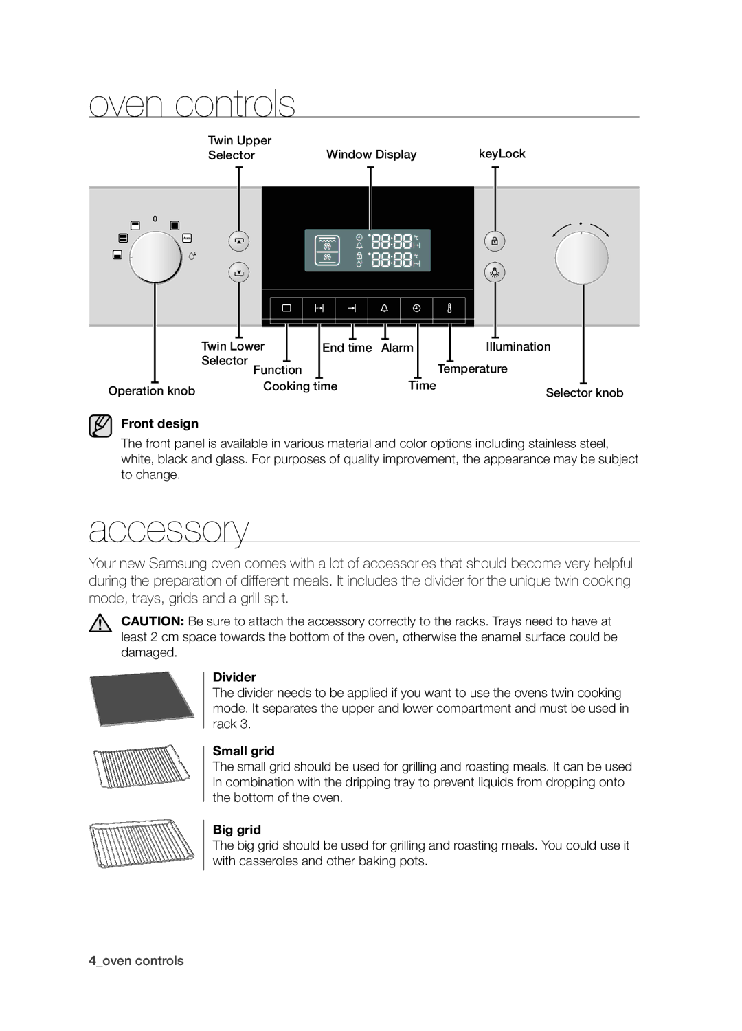 Samsung BQ1S4T003/XEH manual Oven controls, Accessory 