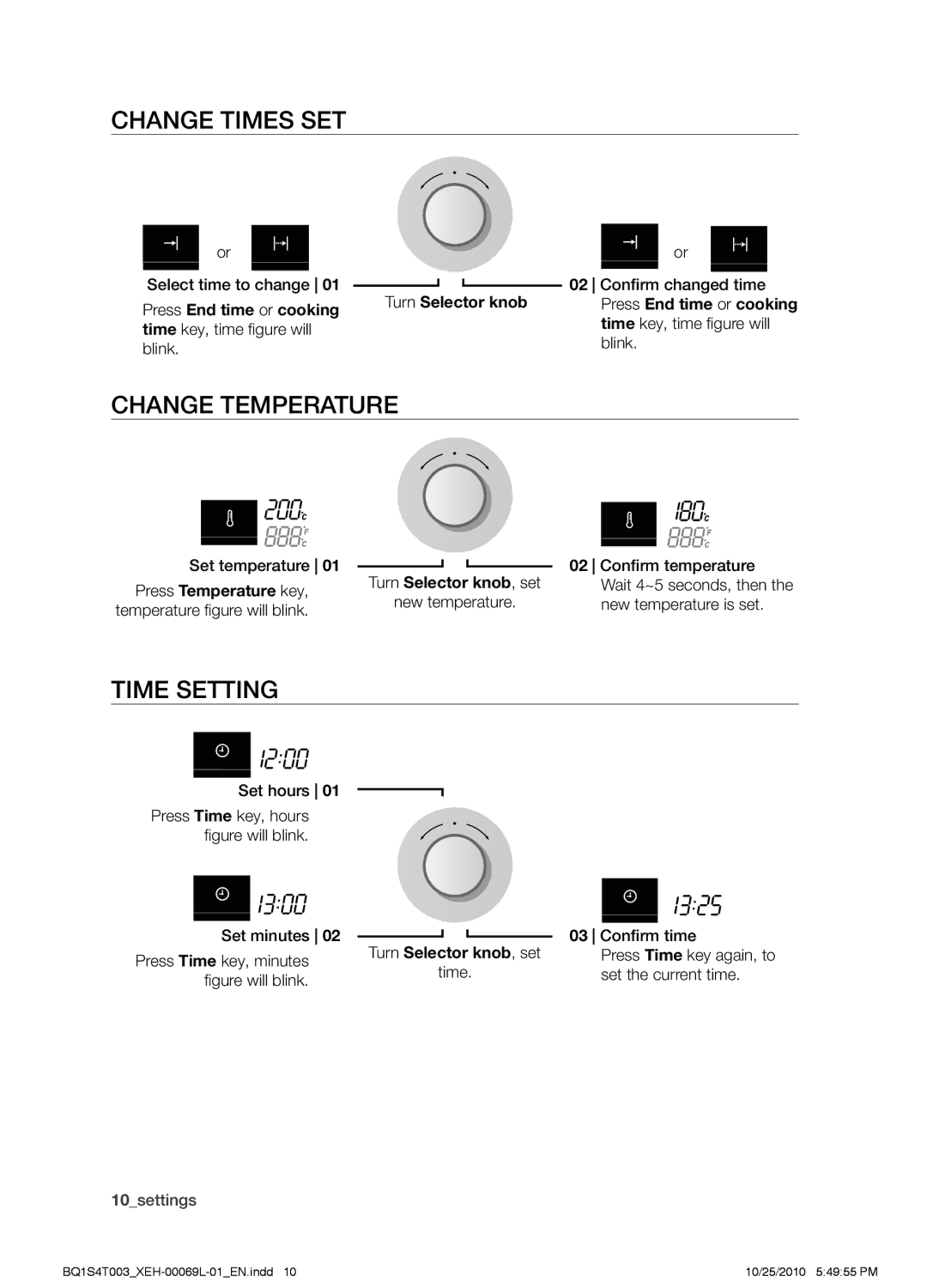 Samsung BQ1S4T003/XEH Change times set, Change temperature, Time setting, Turn Selector knob, Press End time or cooking 