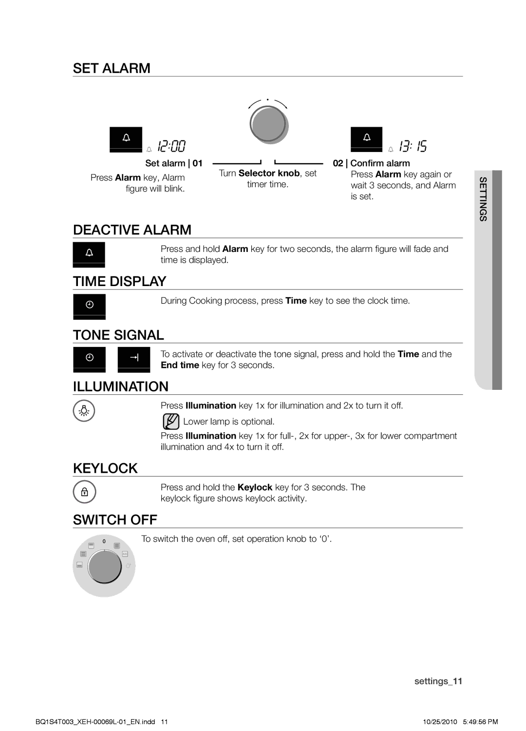 Samsung BQ1S4T003/XEH manual Set alarm, Deactive alarm, Time display, Tone signal, Illumination, Keylock, Switch off 