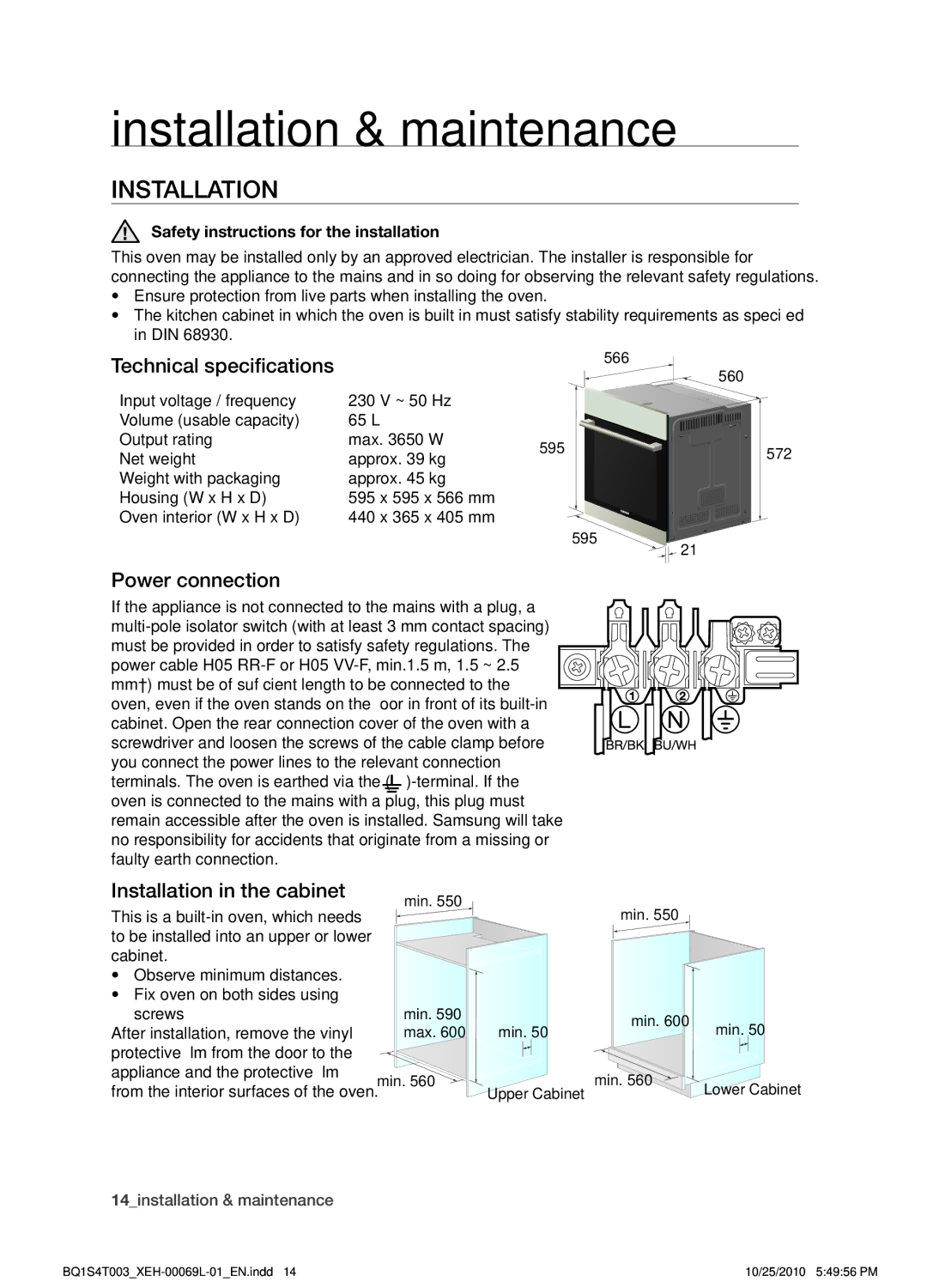 Samsung BQ1S4T003/XEH Installation & maintenance, Technical specifications, Power connection, Installation in the cabinet 