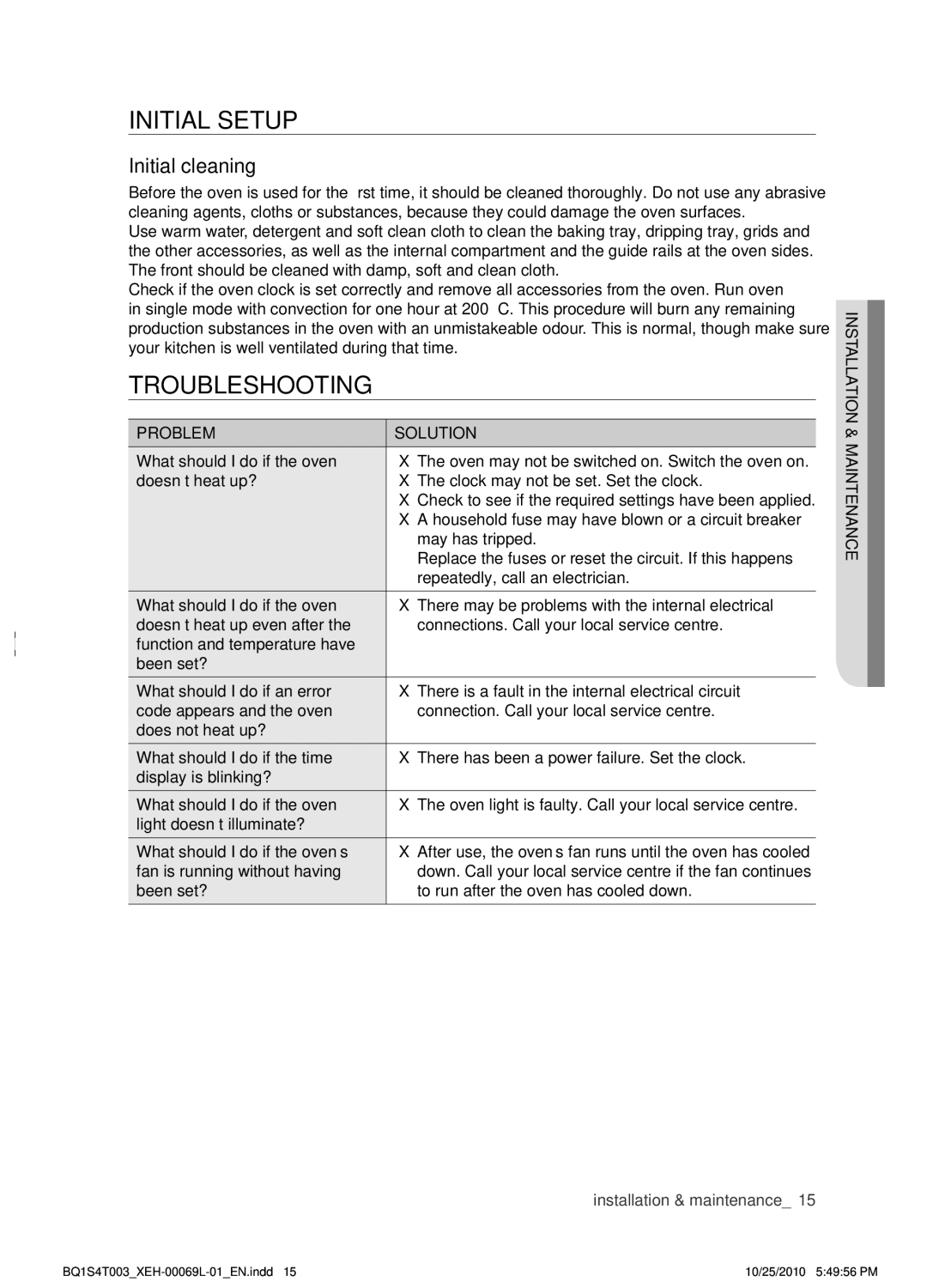 Samsung BQ1S4T003/XEH manual Initial setup, Troubleshooting, Initial cleaning, Problem Solution 