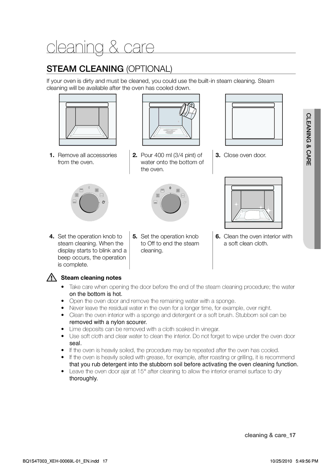 Samsung BQ1S4T003/XEH manual Cleaning & care, Steam cleaning Optional, Steam cleaning notes 