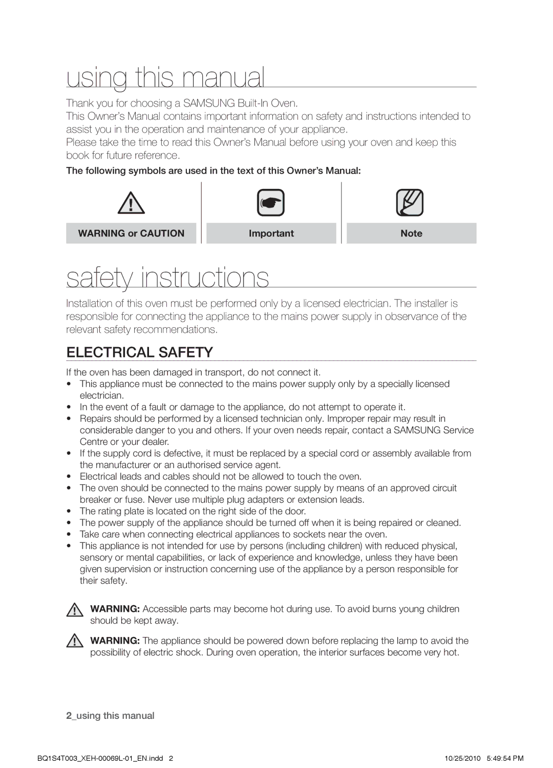 Samsung BQ1S4T003/XEH Using this manual, Safety instructions, Electrical safety 