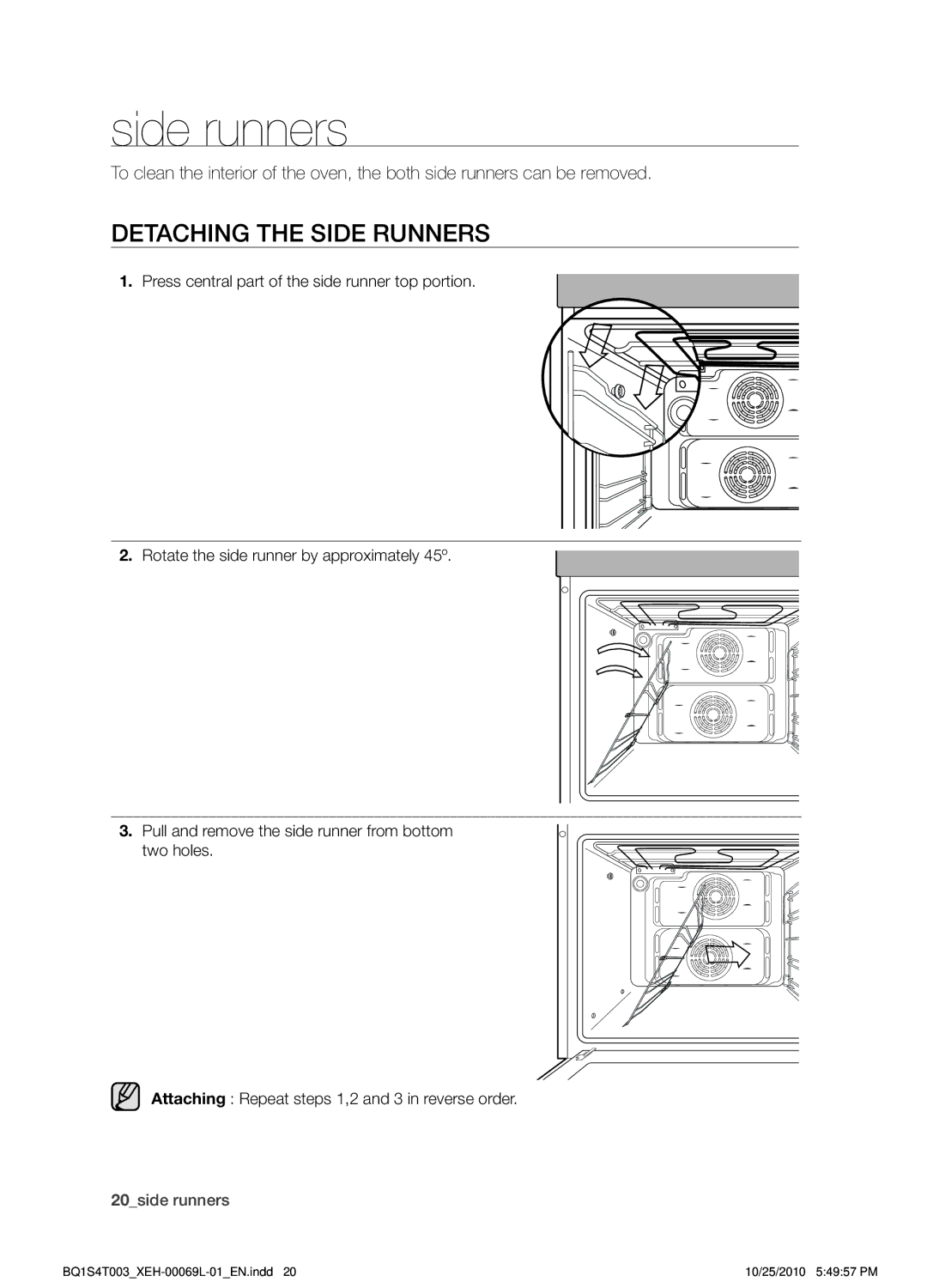 Samsung BQ1S4T003/XEH manual Side runners, Detaching the side runners 